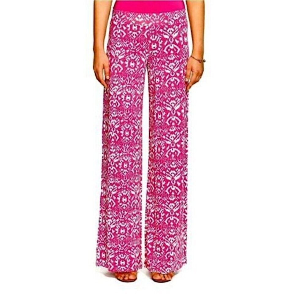 🆕 RALPH LAUREN Pants Womens Pink White Geometric Wide Leg Knit Jersey Palazzo